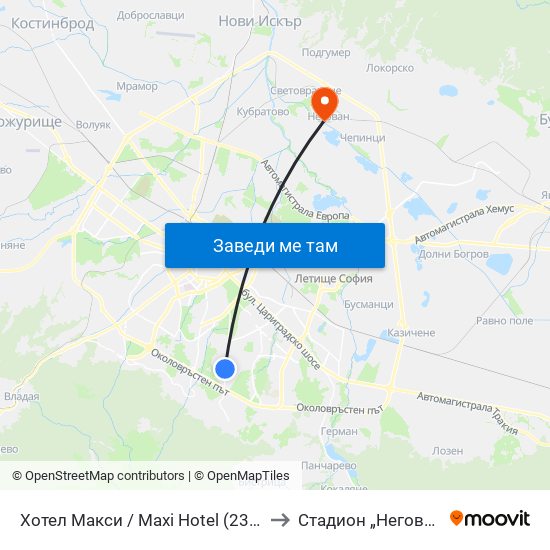 Хотел Макси / Maxi Hotel (2321) to Стадион „Негован“ map
