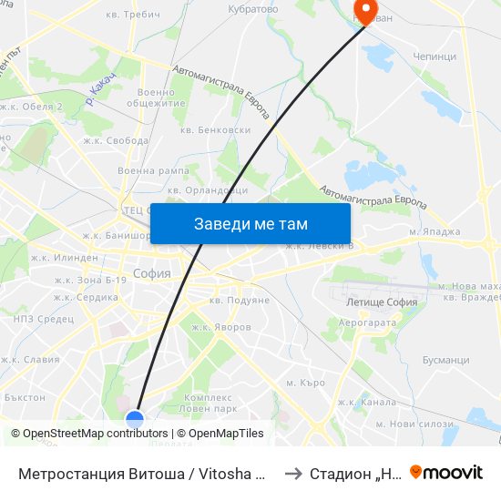 Метростанция Витоша / Vitosha Metro Station (2755) to Стадион „Негован“ map