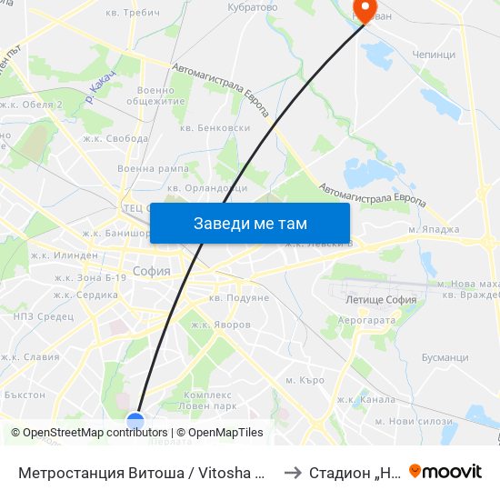 Метростанция Витоша / Vitosha Metro Station (2756) to Стадион „Негован“ map