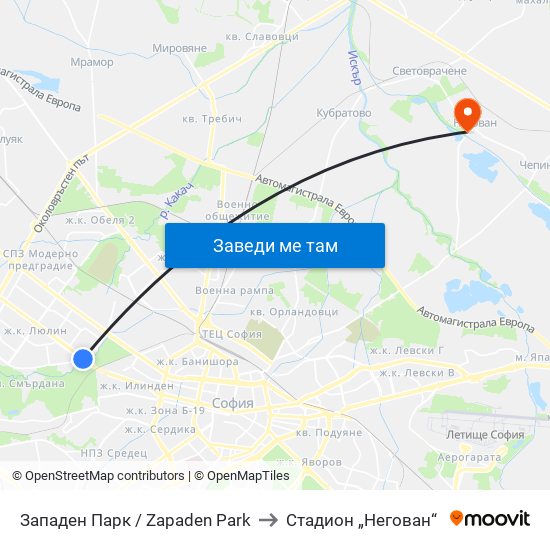 Западен Парк / Zapaden Park to Стадион „Негован“ map