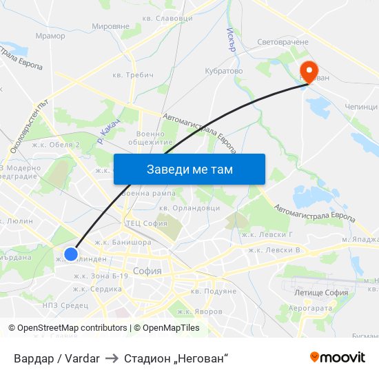 Вардар / Vardar to Стадион „Негован“ map