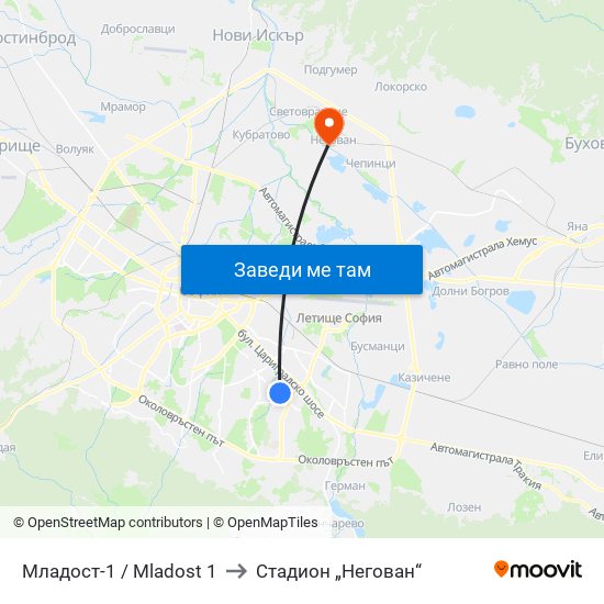 Младост-1 / Mladost 1 to Стадион „Негован“ map