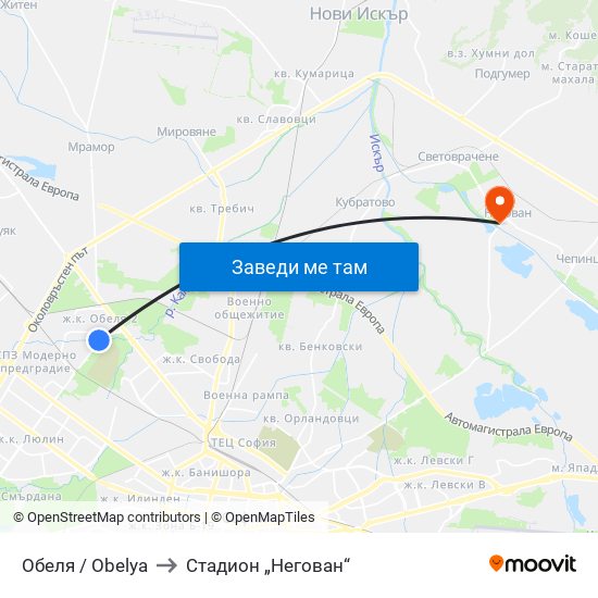 Обеля / Obelya to Стадион „Негован“ map