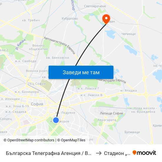Българска Телеграфна Агенция / Bulgarian News Agency (1395) to Стадион „Негован“ map
