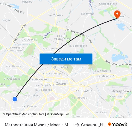 Метростанция Мизия / Moesia Metro Station (6089) to Стадион „Негован“ map