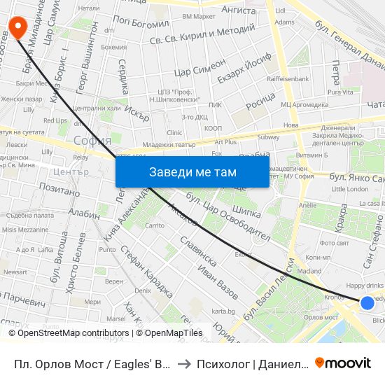 Пл. Орлов Мост / Eagles' Bridge Sq. (1290) to Психолог | Даниела Кръстева map