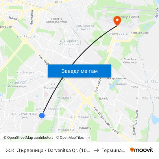 Ж.К. Дървеница / Darvenitsa Qr. (1012) to Терминал 1 map