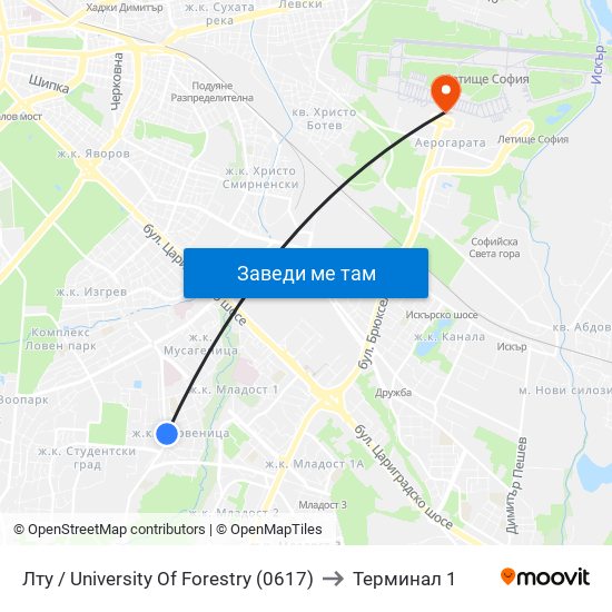 Лту / University Of Forestry (0617) to Терминал 1 map