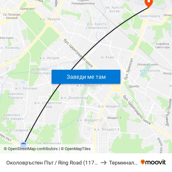 Околовръстен Път / Ring Road (1175) to Терминал 1 map