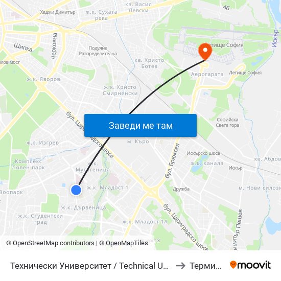 Технически Университет / Technical University (1743) to Терминал 1 map