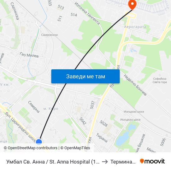 Умбал Св. Анна / St. Anna Hospital (1196) to Терминал 1 map