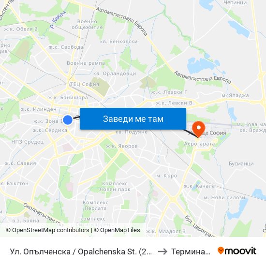 Ул. Опълченска / Opalchenska St. (2085) to Терминал 1 map