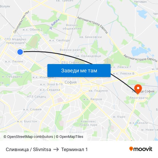 Сливница / Slivnitsa to Терминал 1 map