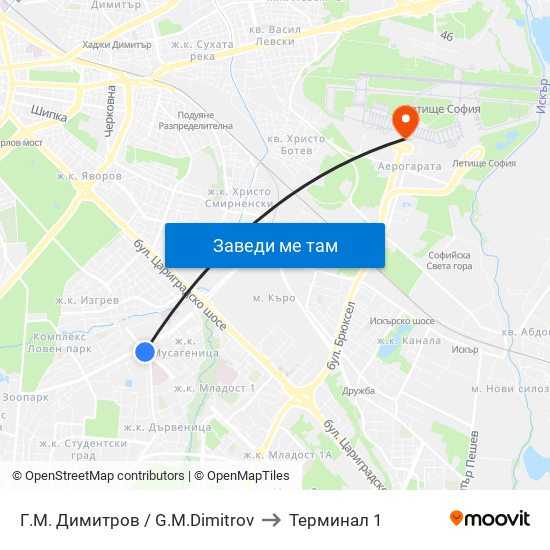 Г.М. Димитров / G.M.Dimitrov to Терминал 1 map