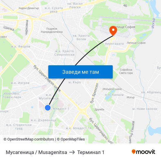Мусагеница /  Musagenitsa to Терминал 1 map