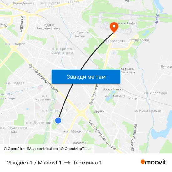 Младост 1 / Mladost 1 to Терминал 1 map