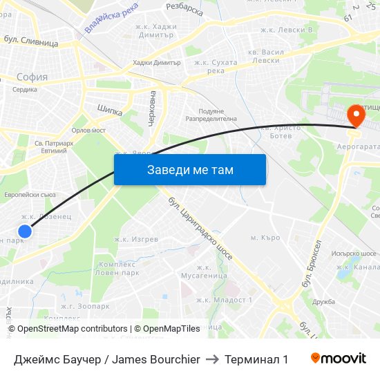 Джеймс Баучер / James Bourchier to Терминал 1 map