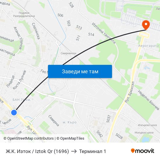 Ж.К. Изток / Iztok Qr (1696) to Терминал 1 map