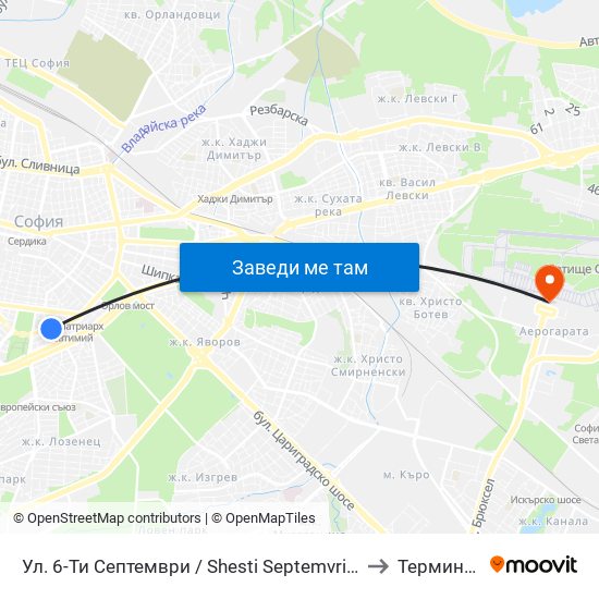 Ул. 6-Ти Септември / Shesti Septemvri St. (1806) to Терминал 1 map
