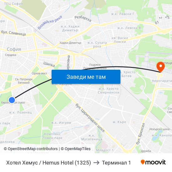 Хотел Хемус / Hemus Hotel (1325) to Терминал 1 map