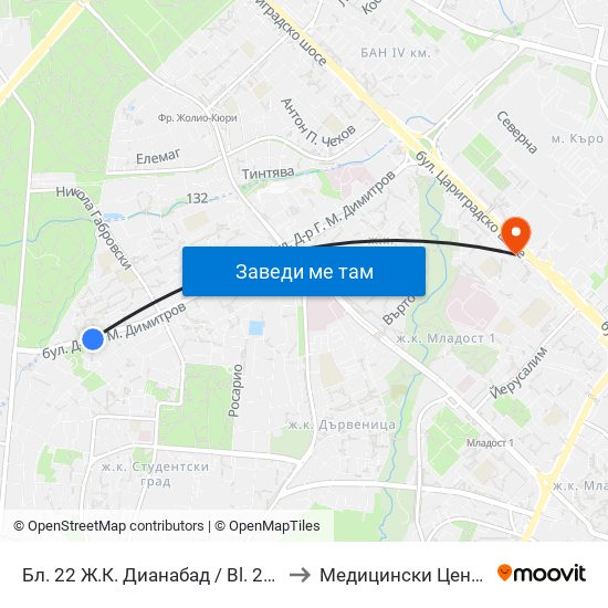 Бл. 22 Ж.К. Дианабад / Bl. 22, Dianabad Qr. (0124) to Медицински Център Хармония map