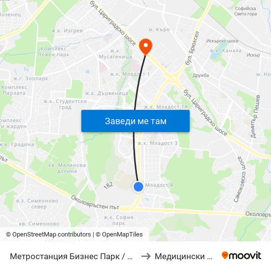 Метростанция Бизнес Парк / Business Park Metro Station (2490) to Медицински Център Хармония map