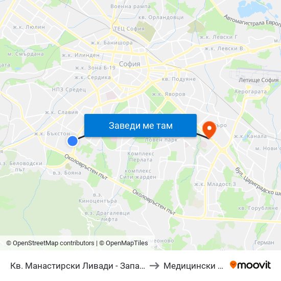 Кв. Манастирски Ливади - Запад / Manastirski Livadi - West Qr. (0582) to Медицински Център Хармония map