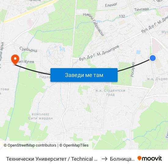 Технически Университет / Technical University (1743) to Болница Вита map