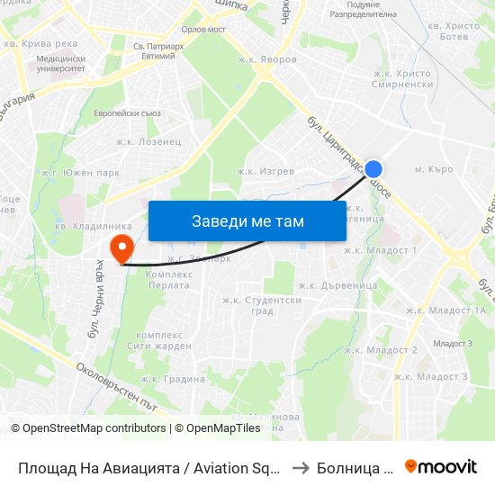 Площад На Авиацията / Aviation Square (1258) to Болница Вита map