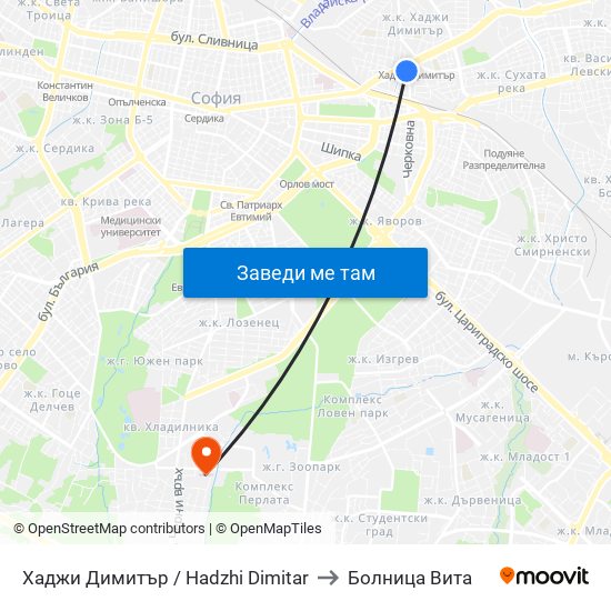 Хаджи Димитър / Hadzhi Dimitar to Болница Вита map