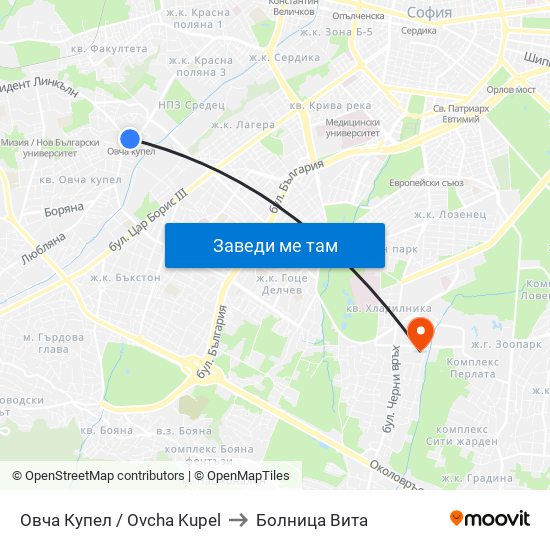 Овча Купел / Ovcha Kupel to Болница Вита map