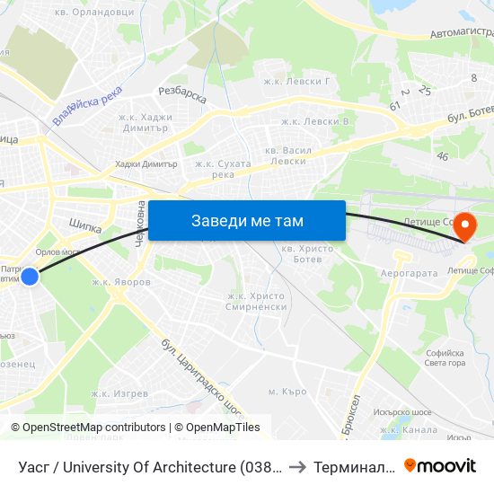 Уасг / University Of Architecture (0386) to Терминал 2 map