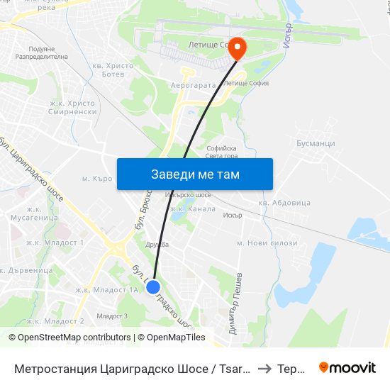 Метростанция Цариградско Шосе / Tsarigradsko Shosse Metro Station (1016) to Терминал 2 map