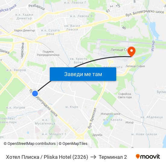 Хотел Плиска / Pliska Hotel (2326) to Терминал 2 map