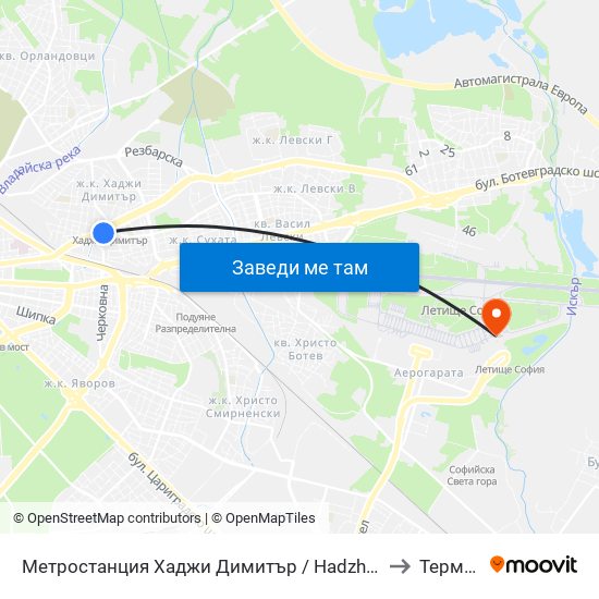 Метростанция Хаджи Димитър / Hadzhi Dimitar Metro Station (0303) to Терминал 2 map