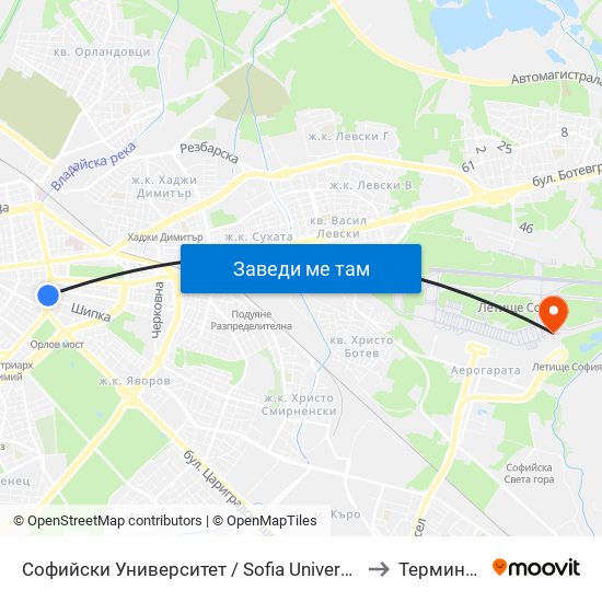 Софийски Университет / Sofia University (1699) to Терминал 2 map