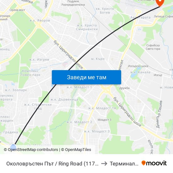 Околовръстен Път / Ring Road (1175) to Терминал 2 map