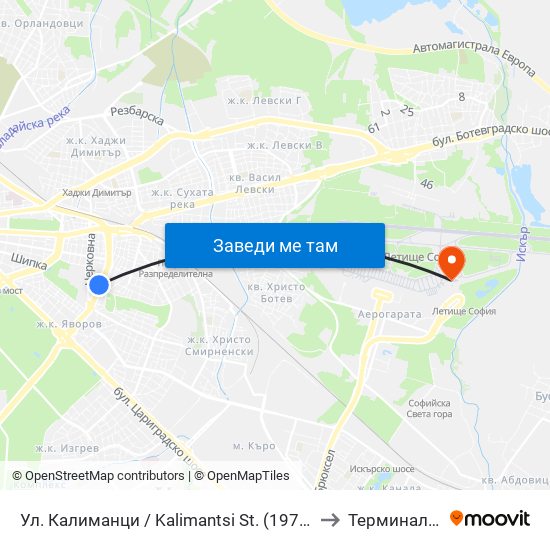 Ул. Калиманци / Kalimantsi St. (1975) to Терминал 2 map