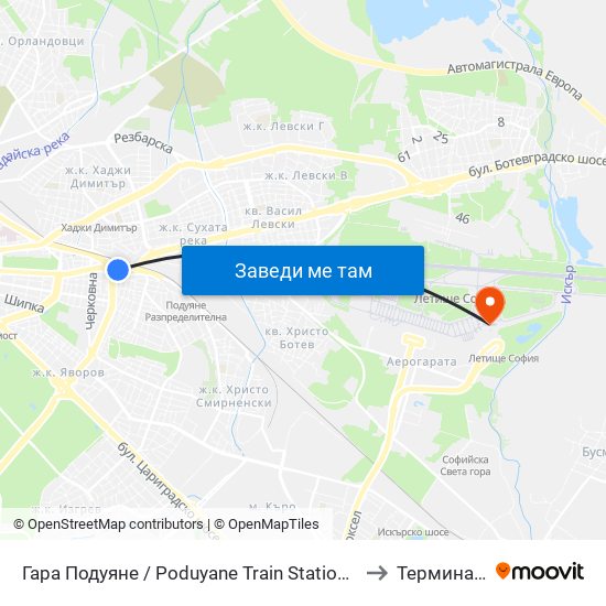 Гара Подуяне / Poduyane Train Station (0466) to Терминал 2 map
