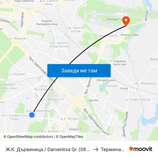 Ж.К. Дървеница / Darvenitsa Qr. (0800) to Терминал 2 map