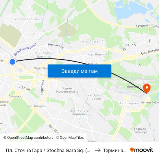 Пл. Сточна Гара / Stochna Gara Sq. (1316) to Терминал 2 map