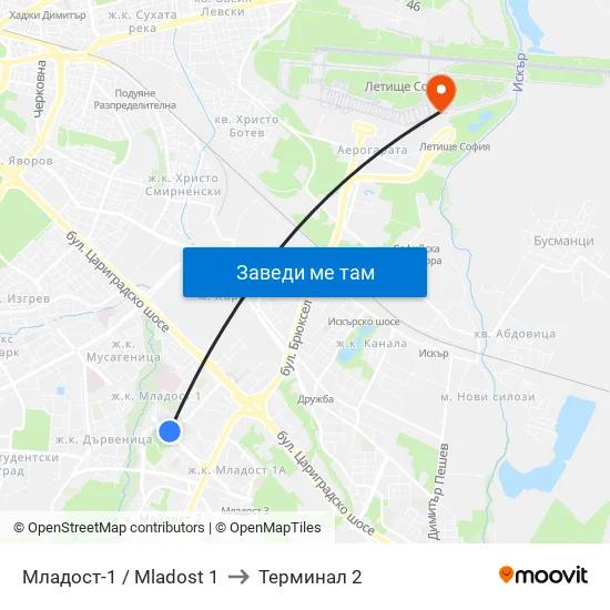 Младост 1 / Mladost 1 to Терминал 2 map