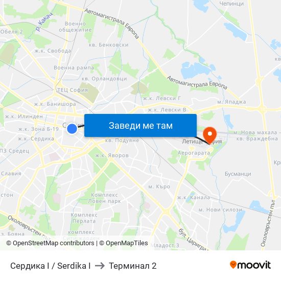 Сердика I / Serdika I to Терминал 2 map