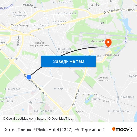 Хотел Плиска / Pliska Hotel (2327) to Терминал 2 map