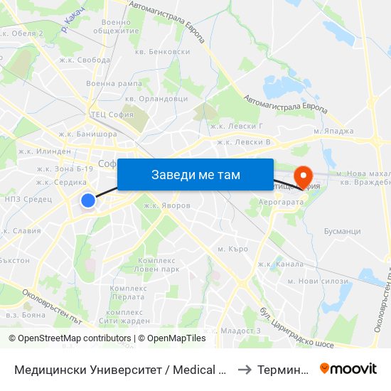 Медицински Университет / Medical University to Терминал 2 map