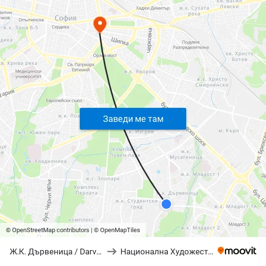 Ж.К. Дървеница / Darvenitsa Qr. (1012) to Национална Художествена Академия map