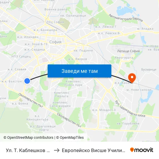 Ул. Т. Каблешков / T. Kableshkov St. (2213) to Европейско Висше Училище По Икономика И Мениджмънт map