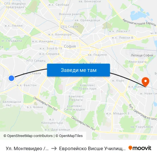 Ул. Монтевидео / Montevideo St. (2050) to Европейско Висше Училище По Икономика И Мениджмънт map
