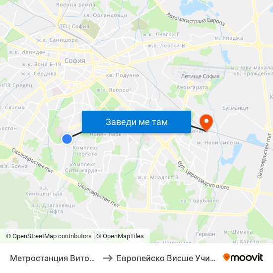 Метростанция Витоша / Vitosha Metro Station (2654) to Европейско Висше Училище По Икономика И Мениджмънт map