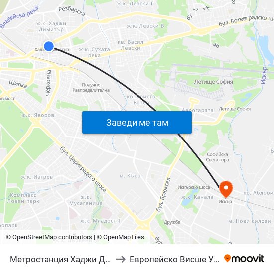 Метростанция Хаджи Димитър / Hadzhi Dimitar Metro Station (0303) to Европейско Висше Училище По Икономика И Мениджмънт map